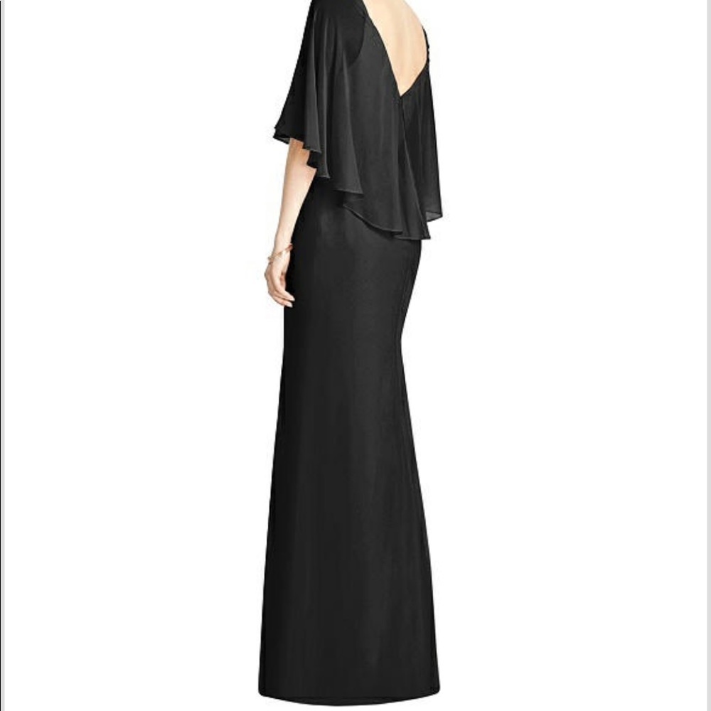 Dessy Collection V-Back Black Shimmer Caped Gown
